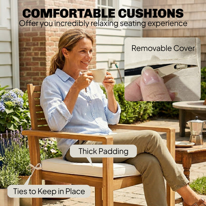 4-Piece Acacia Wood Garden Sofa Set | Loveseat, 2 Armchairs & Table | Cream White Cushions