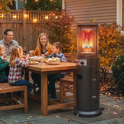 11kW Gas Patio Heater | 30m² Coverage | Propane & LPG | Pulse Ignition | Stepless Control | 45° Tilt Shutoff | Metal Mesh Guard | 2 Wheels | Pre-Drilled Stake Holes | 52x46x137cm | Black