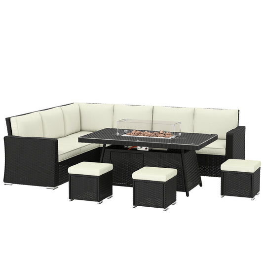7 Piece Rattan Garden Sofa Set with 50,000 BTU Gas Fire Pit Table | 2 Corner Loveseats | Loveseat | 3 Footstools | Glass Wind Guard | Padded Cushions | Washable Covers | Cream