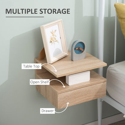 Floating Bedside Cabinet with Drawer and Open Shelf, Wall Mounted Nightstands, Bedside Table with Storage, Oak Tone
