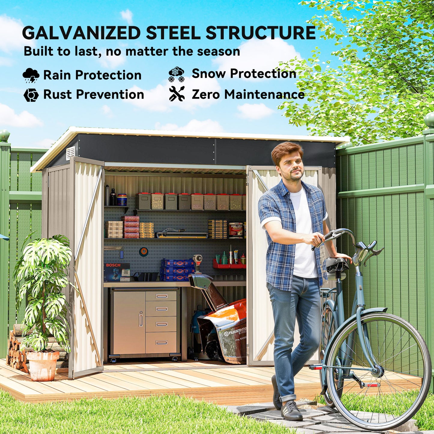 Galvanised Steel Garden Storage Shed | Triple Lockable Access | Double Front Doors & Side Door | Powder-Coated | Ventilation Slots | Sloped Roof | 25kg/m² Snow Load | 234x132x185cm | 2.68m² | Light Grey