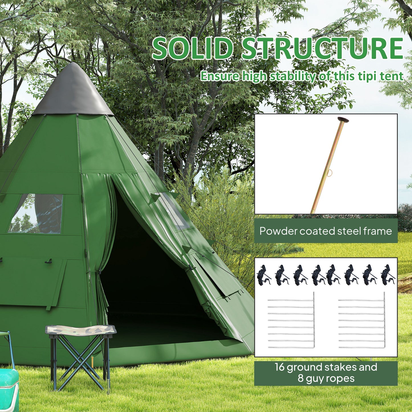 Outsunny 6 Men Tipi Tent with Carry Bag - Green / Orange