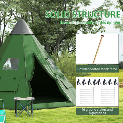 Outsunny 6 Men Tipi Tent with Carry Bag - Green / Orange