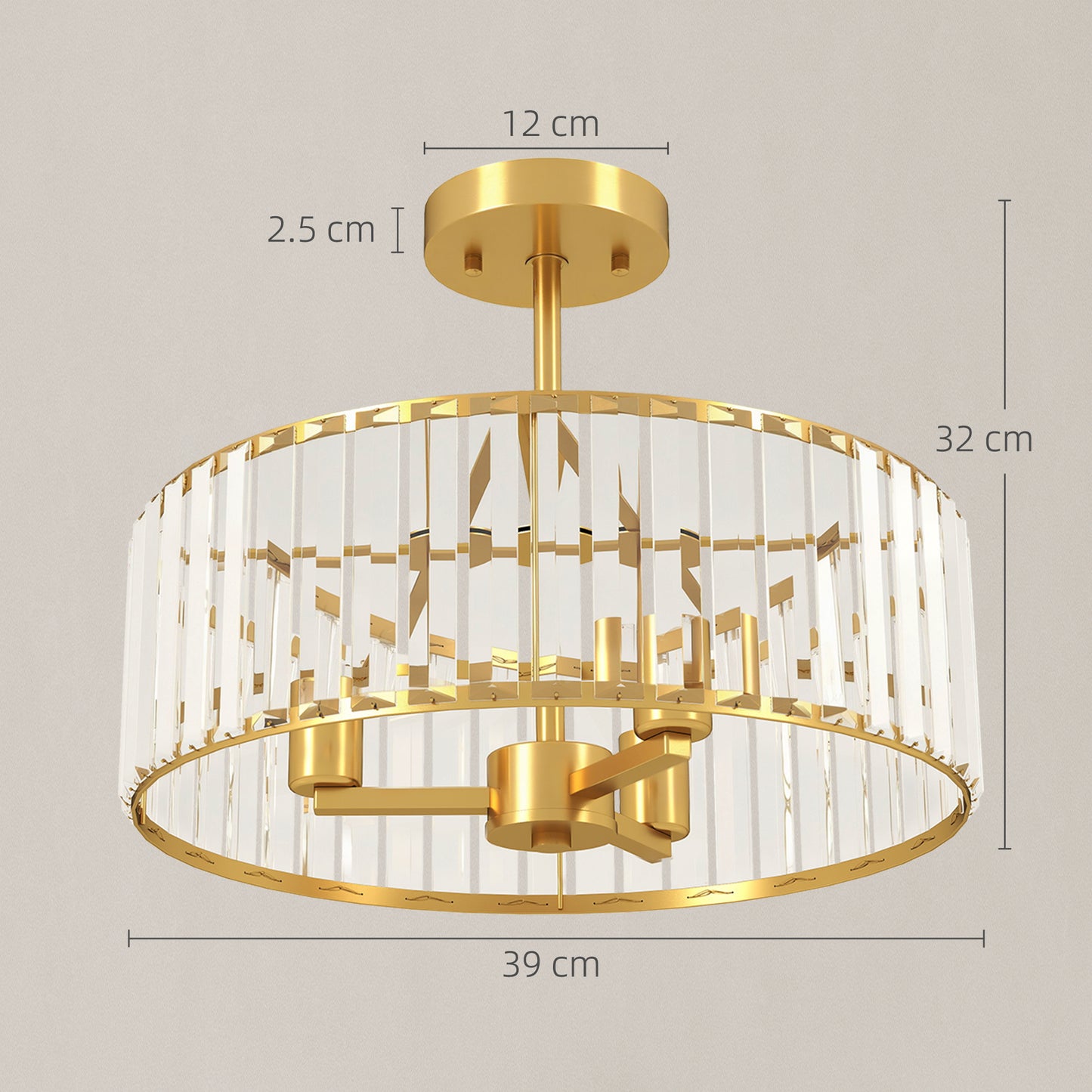 Crystal Ceiling Light Fixture, Semi Flush Mount Modern Crystal Chandelier Ceiling Light for Living Room, Bedroom, Hallway,  Dining Room, E14 Base 3-Lights, Gold Tone
