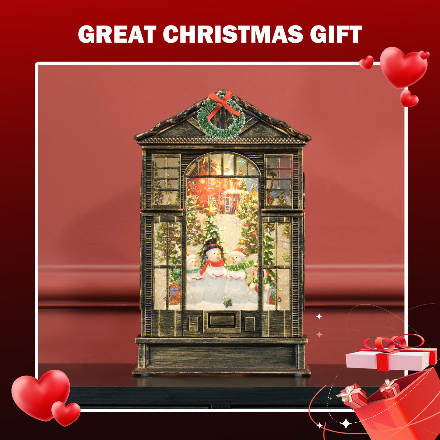 Christmas Snow Globe Lantern with Lights, Musical with Swirling Glitter, Battery Operated Decoration for Holiday Party Gift, Bronze Tone