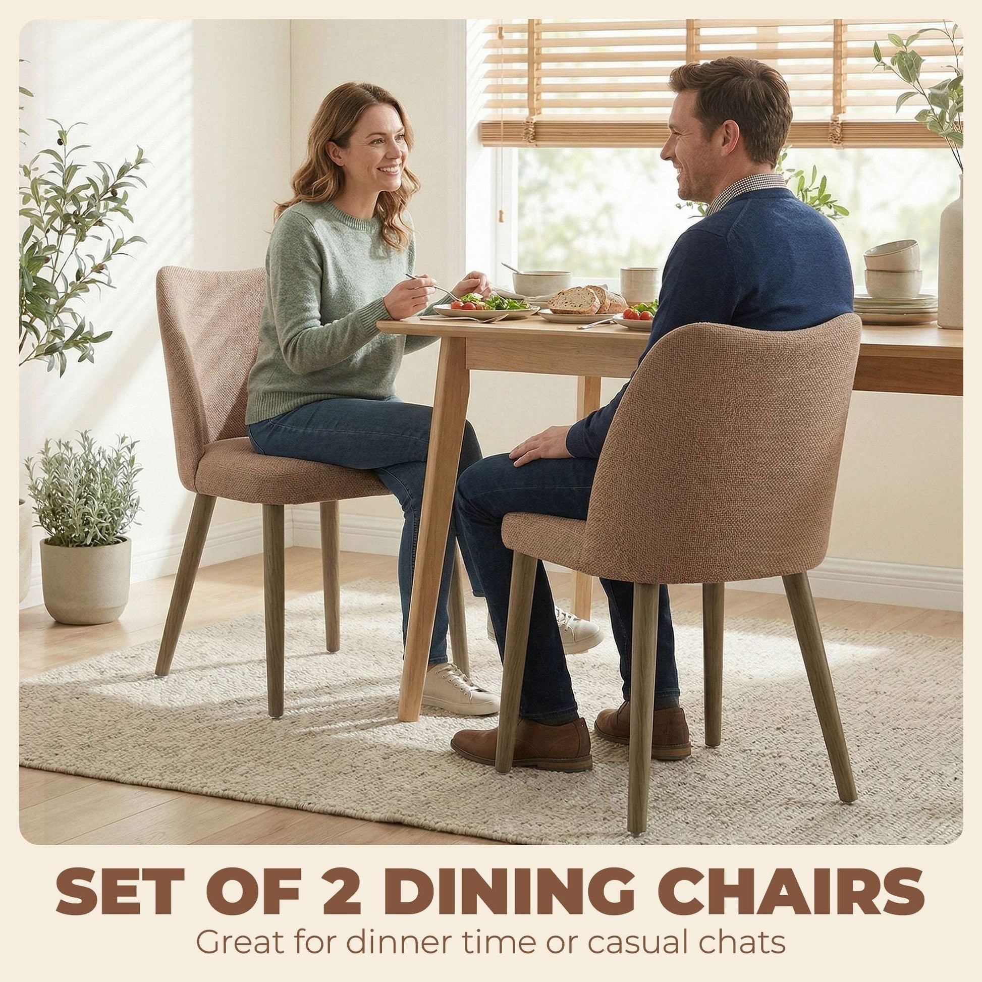 Dining Chairs Set of 2, Linen Upholstered Kitchen Chairs with Padded Seat, Curved Backrest, Rubberwood Legs, Brown