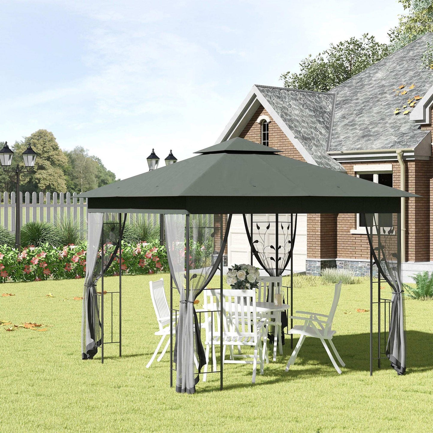 Outsunny 3 x 3(m) Steel Frame Double Roof Garden Gazebo - Grey