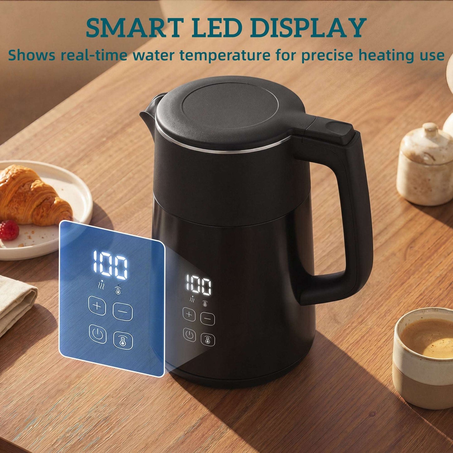 1.7L Electric Kettle | 3000W | 7 Temperature Settings 40-100°C | 2hr Keep-Warm | 304 Stainless Steel PTFE-Free | Boil-Dry Protection | Auto Shut-Off | 360° Swivel Base | Black