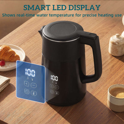 1.7L Electric Kettle | 3000W | 7 Temperature Settings 40-100°C | 2hr Keep-Warm | 304 Stainless Steel PTFE-Free | Boil-Dry Protection | Auto Shut-Off | 360° Swivel Base | Black