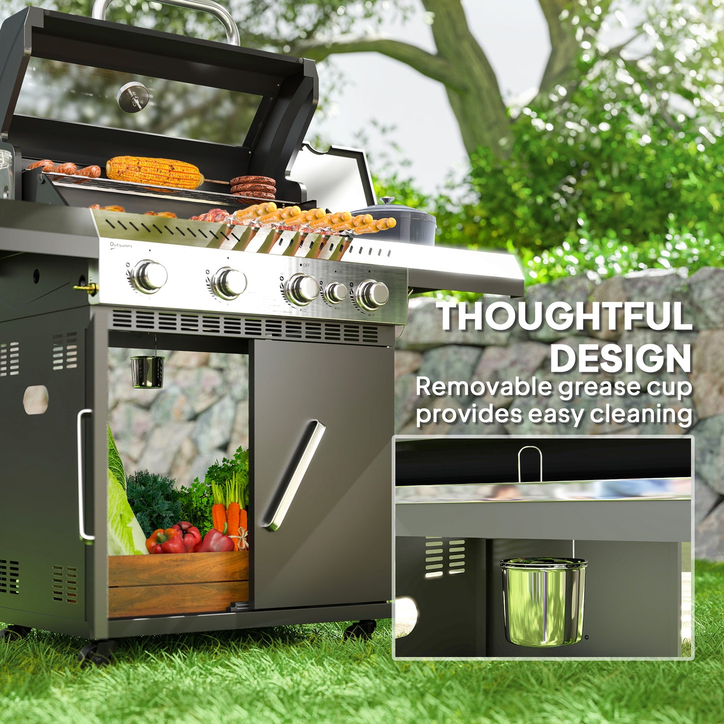 4+1 Burner Gas BBQ Grill with Clear View Lid, Portable Gas Barbecue Grill with Built-in Thermometer, Side Table, Cabinet, for Garden Party Outdoor Cooking