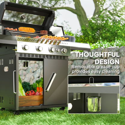 4+1 Burner Gas BBQ Grill with Clear View Lid, Portable Gas Barbecue Grill with Built-in Thermometer, Side Table, Cabinet, for Garden Party Outdoor Cooking