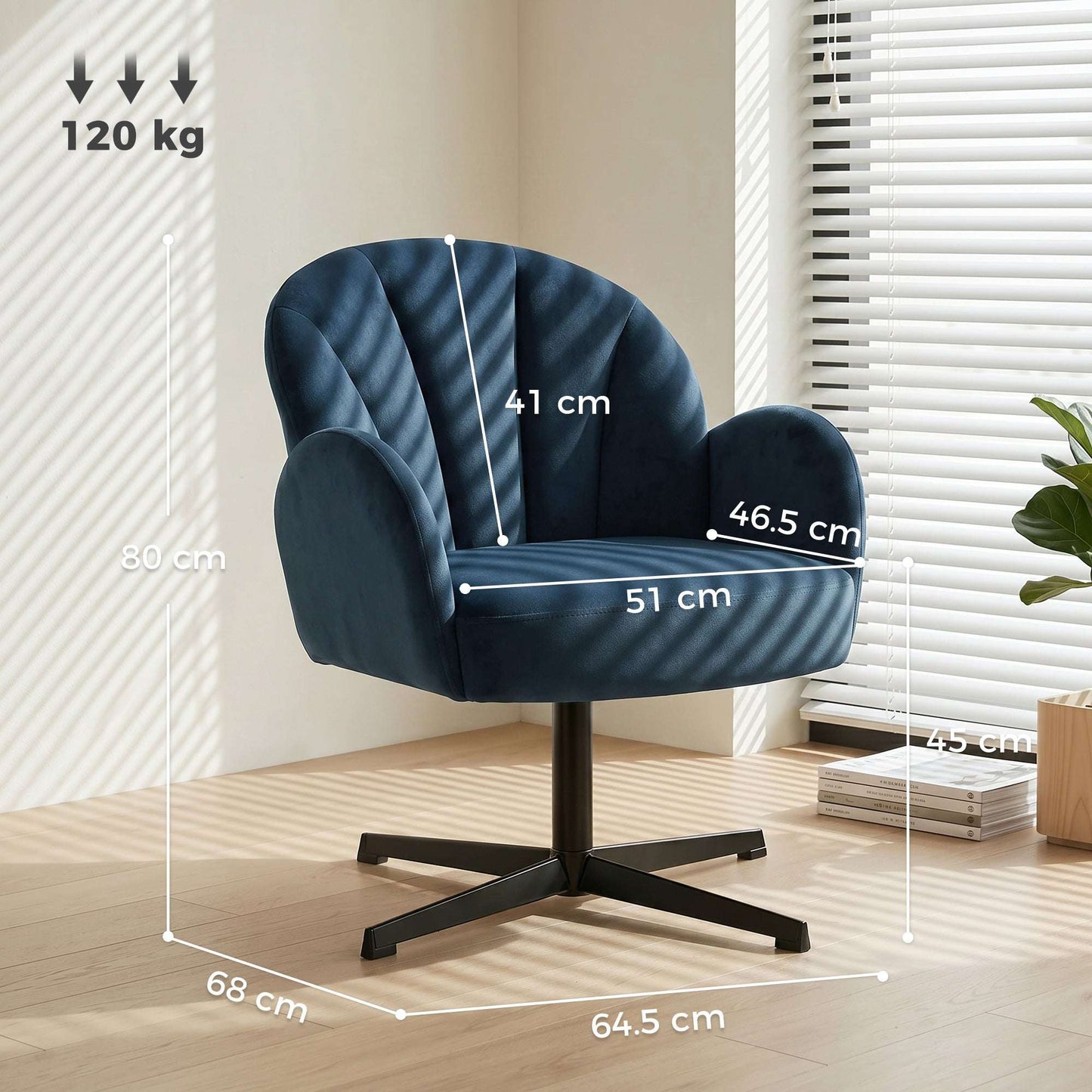 Shell-Shaped Swivel Accent Chair | 360° Swivel | 11cm Spring-Packed Seat | Velvet-Feel Fabric | Metal Base | Plastic Floor Pads | 120kg | 64.5x68x80cm | Dark Blue