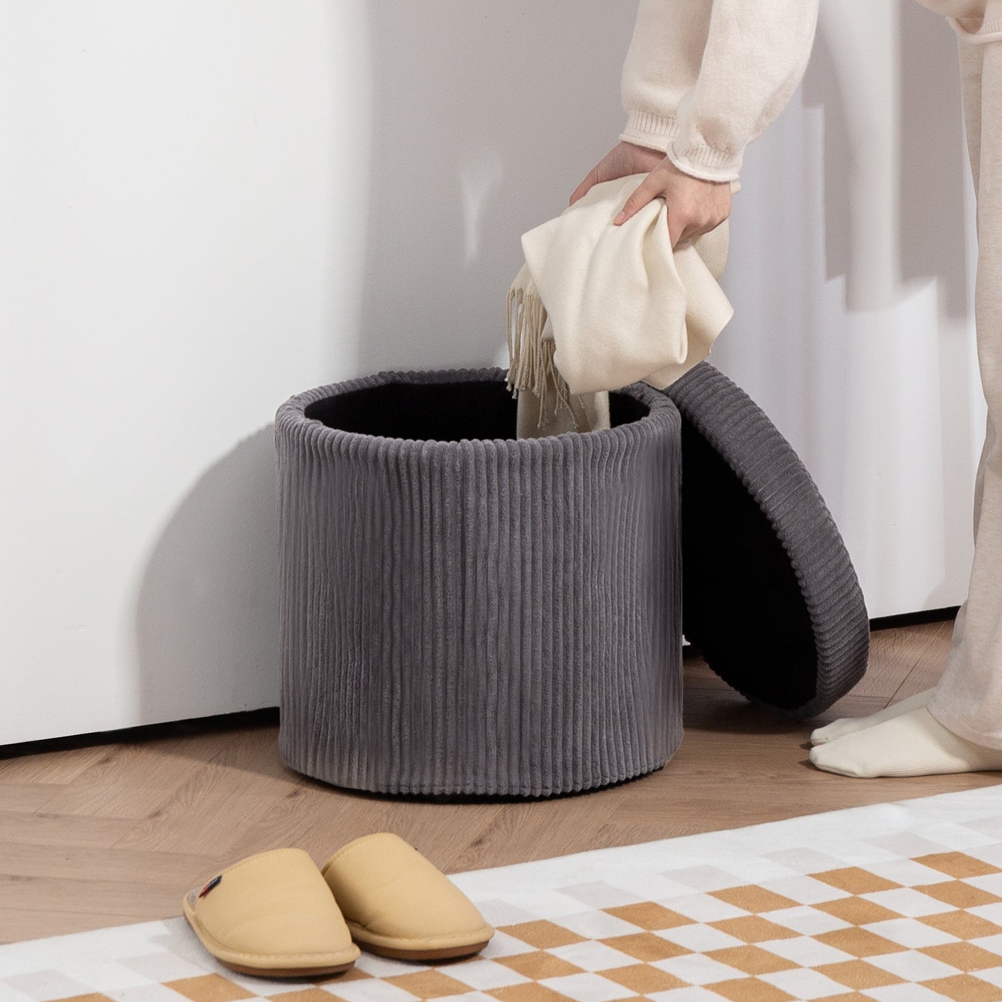 40cm Round Storage Ottoman, Corduroy Footstool with Removable Lid and Legs, Vanity Stool for Living Room, Bedroom, Grey