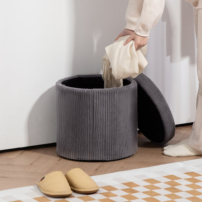 40cm Round Storage Ottoman, Corduroy Footstool with Removable Lid and Legs, Vanity Stool for Living Room, Bedroom, Grey