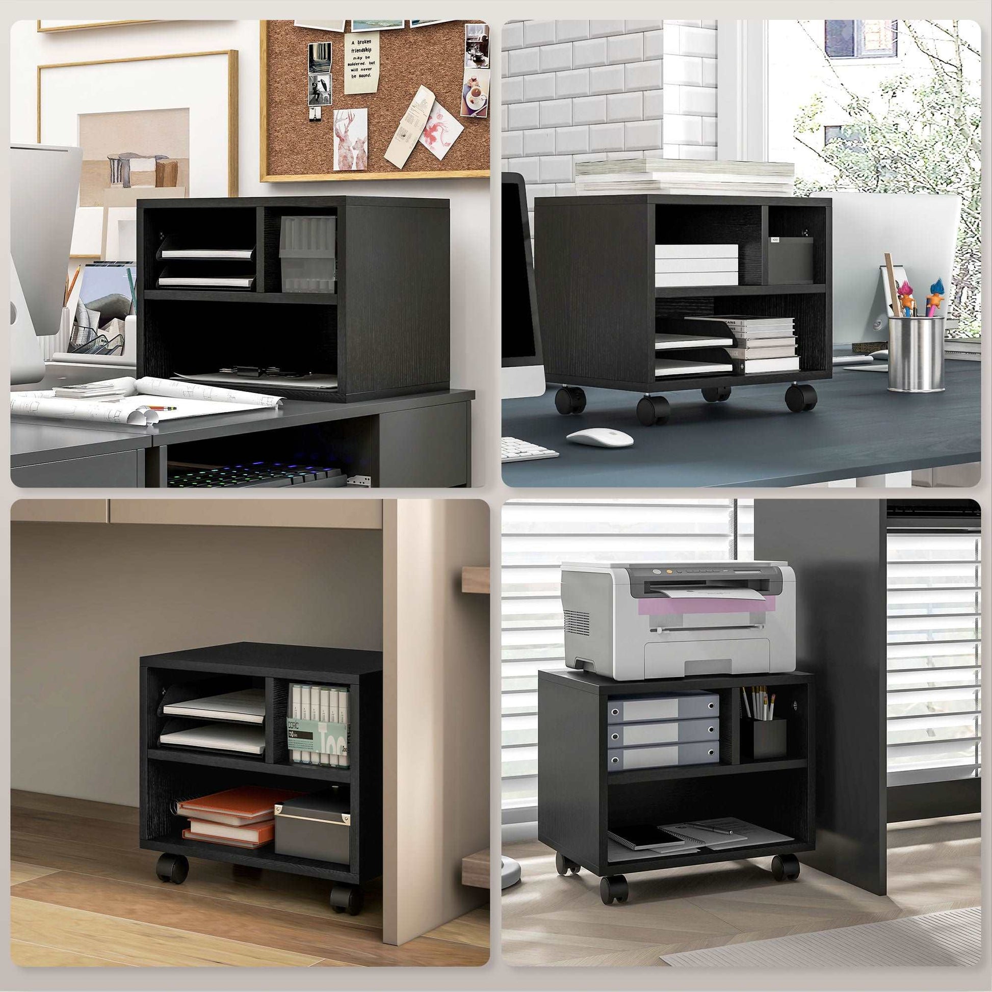 2-Tier Printer Stand with Storage, Under Desk Printer Cart on Wheels with 3 Compartments, Desktop Printer Table for Home Office, Black