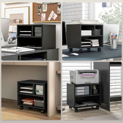 2-Tier Printer Stand with Storage, Under Desk Printer Cart on Wheels with 3 Compartments, Desktop Printer Table for Home Office, Black