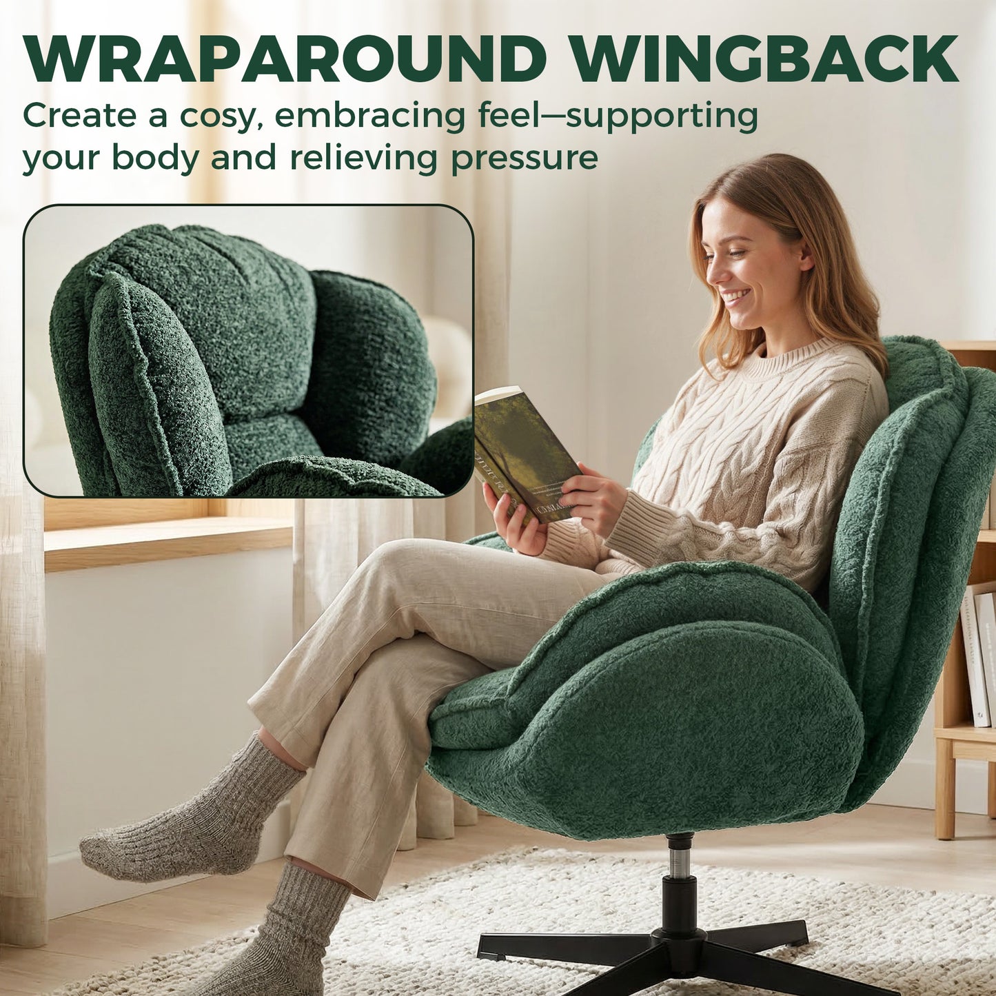Modern Wingback Accent Chair, Velvet Armchair with Four-Star Base, S-Springs, 360° Swivel, Dark Green