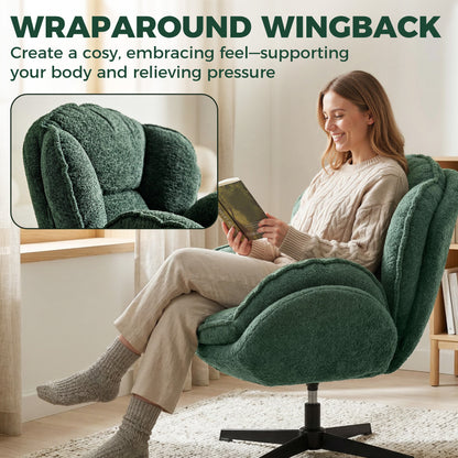 Modern Wingback Accent Chair, Velvet Armchair with Four-Star Base, S-Springs, 360° Swivel, Dark Green