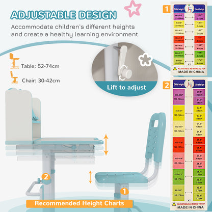 ZONEKIZ Height Adjustable Kids Study Table and Chair Set, with Drawer, Storage Shelf, 80 x 54.5 x 104 cm, Blue