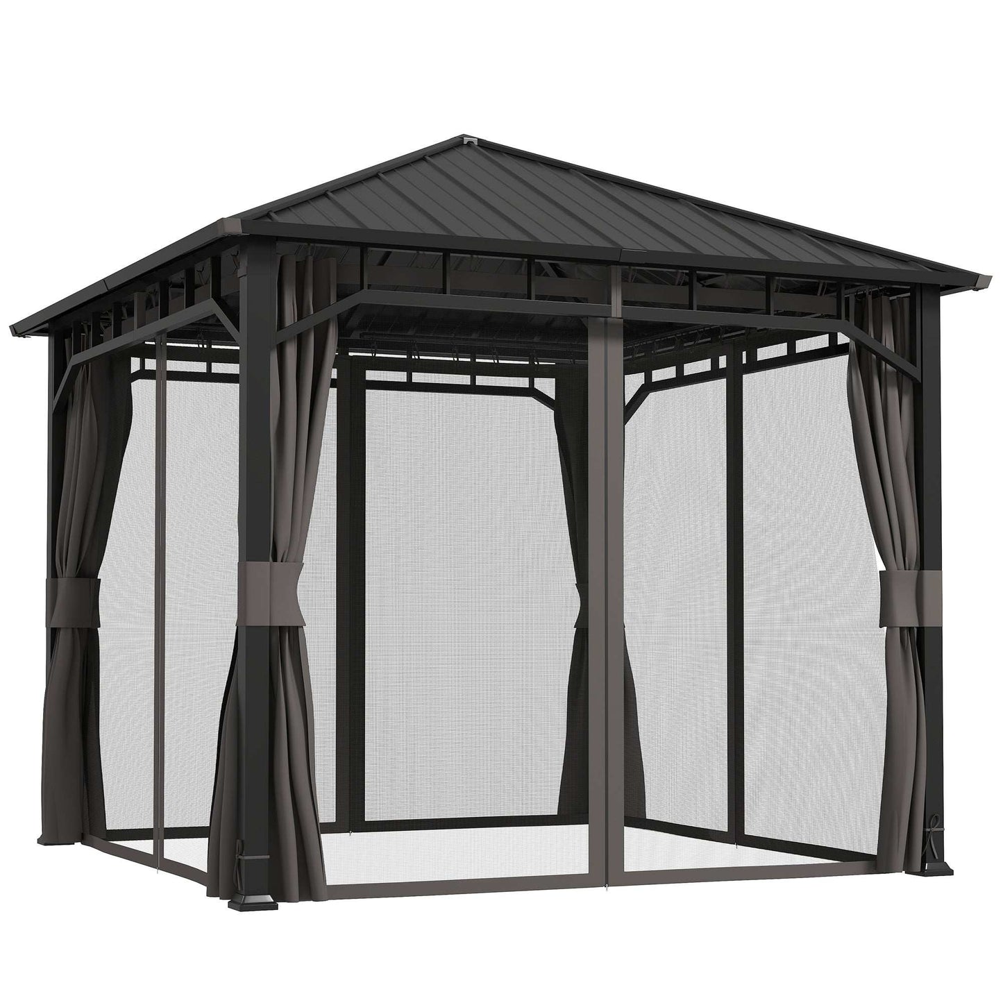 3 x 3(m) Hardtop Gazebo with Galvanised Steel Roof and Water Gutter, Waterproof Permanent Pavilion Garden Gazebo with Netting, Curtains