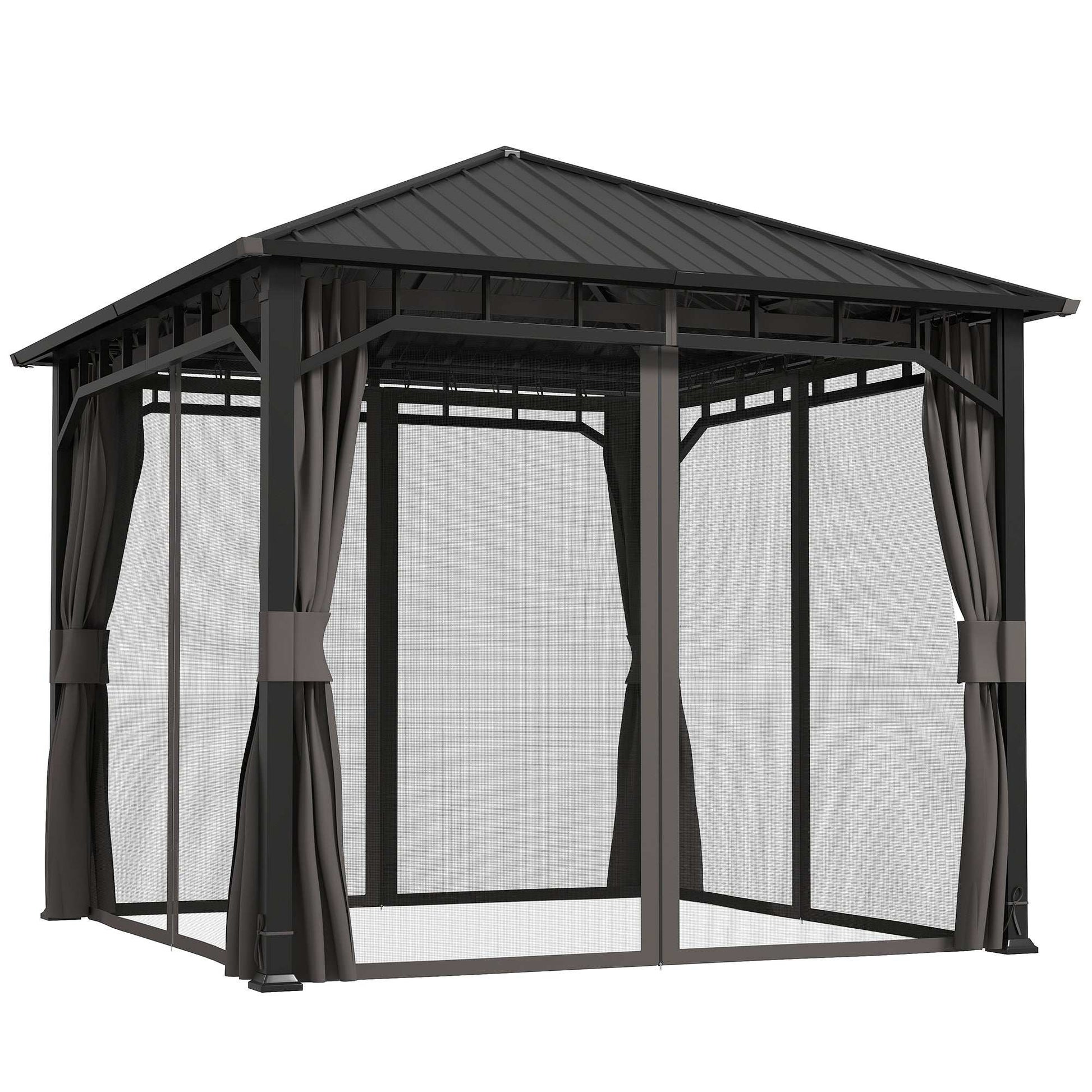 3 x 3(m) Hardtop Gazebo with Galvanised Steel Roof and Water Gutter, Waterproof Permanent Pavilion Garden Gazebo with Netting, Curtains