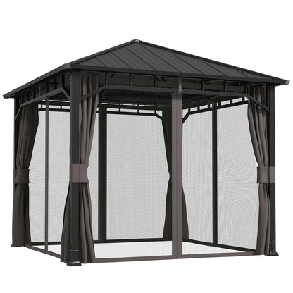 3 x 3(m) Hardtop Gazebo with Galvanised Steel Roof and Water Gutter, Waterproof Permanent Pavilion Garden Gazebo with Netting, Curtains