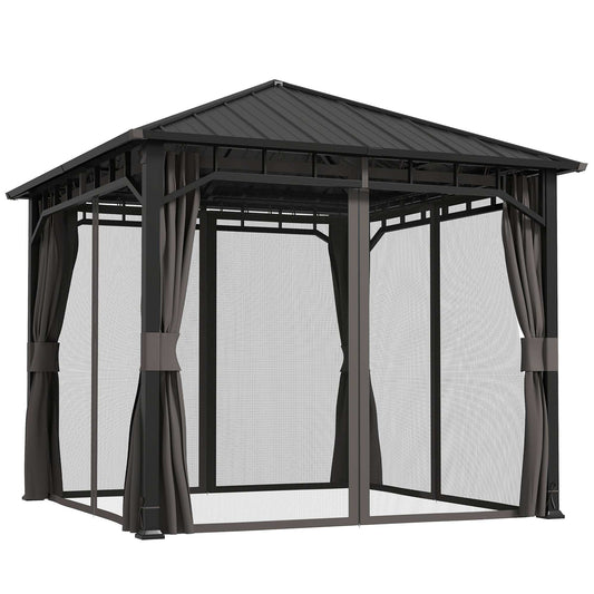 3 x 3(m) Hardtop Gazebo with Galvanised Steel Roof and Water Gutter, Waterproof Permanent Pavilion Garden Gazebo with Netting, Curtains