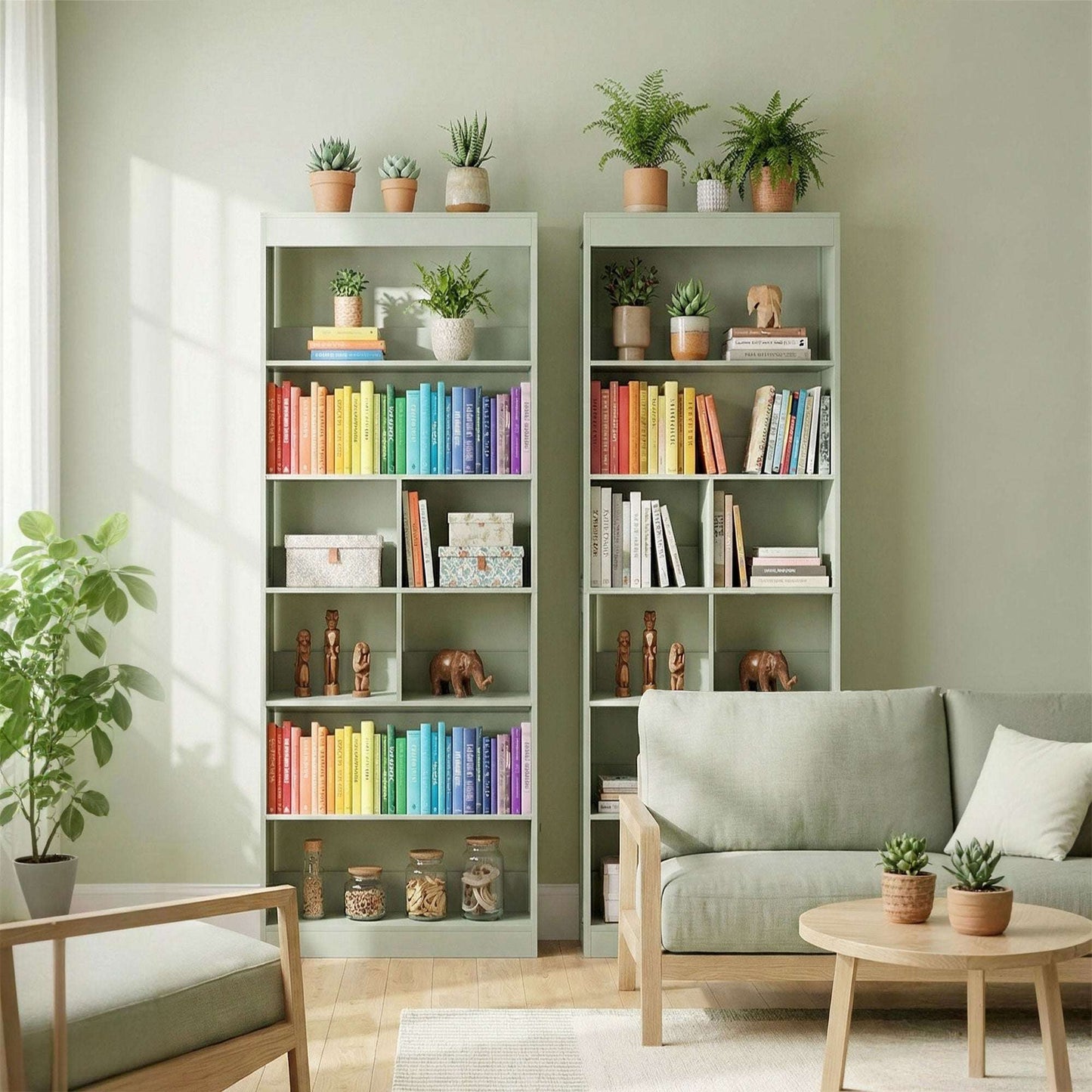 6-Tier Bookcase | 4 Open Shelves & 4 Cubes | 180cm Tall | Anti-Tip Hardware & Back Baffles | Water & Scratch-Resistant Melamine | 35kg Total 5kg Per Tier | 68x24x180cm | Bean Paste Green