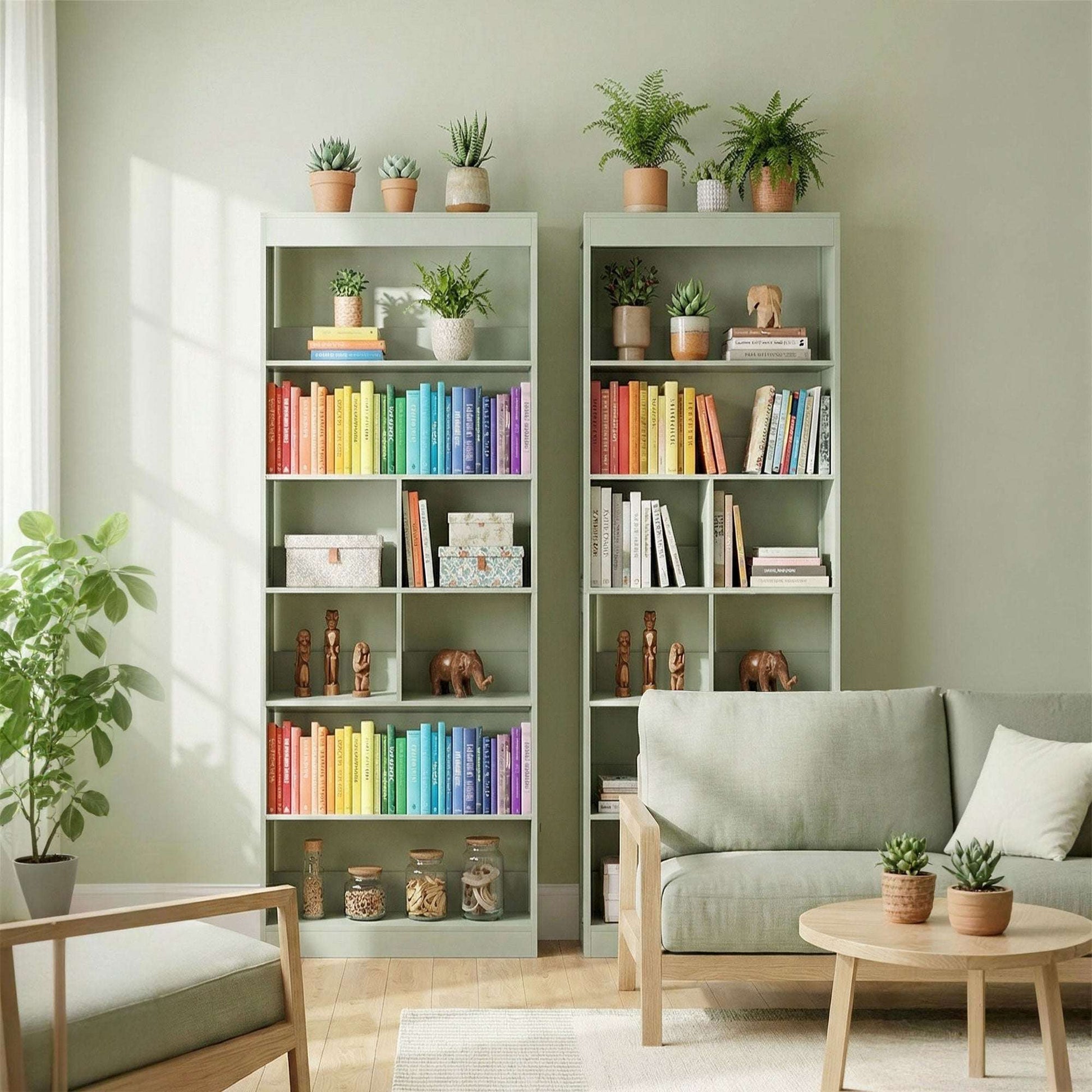 6-Tier Bookcase | 4 Open Shelves & 4 Cubes | 180cm Tall | Anti-Tip Hardware & Back Baffles | Water & Scratch-Resistant Melamine | 35kg Total 5kg Per Tier | 68x24x180cm | Bean Paste Green