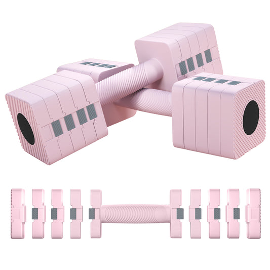 Adjustable Dumbbell Set of 2 | 1 / 2 / 3 / 4 / 5kg Per Dumbbell | 5-in-1 Weight Settings | Non-Slip Handle | Square Stable Design | Steel Core & ABS Coating | Home Gym | Pink