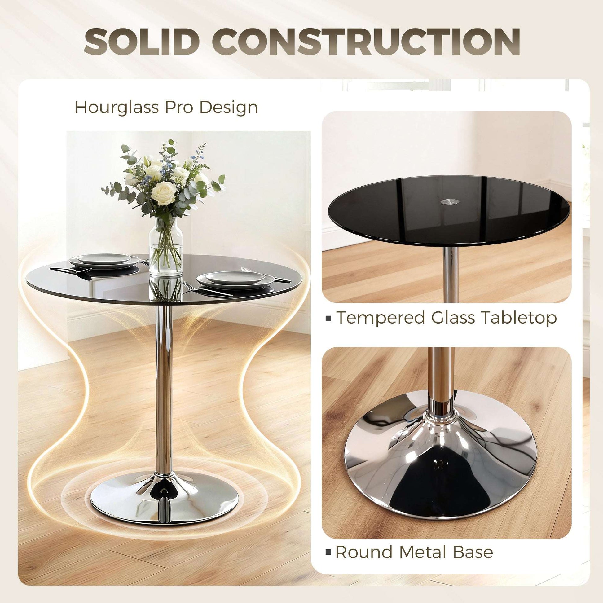Round Bistro Dining Table | 8mm Tempered Glass Top | Steel Frame | Non-Slip Foot | Ø80x77cm | 20kg | Black