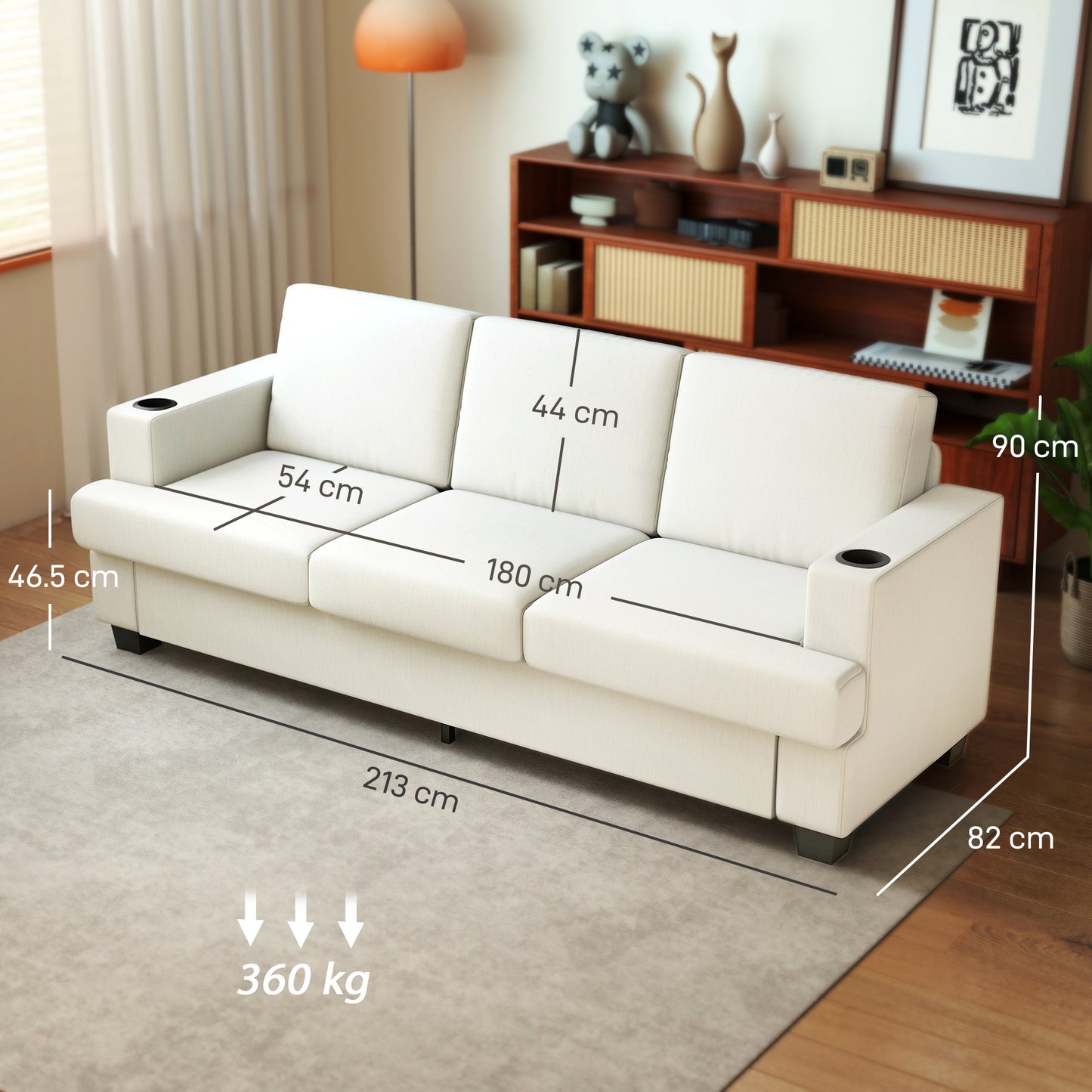 3 Seater Sofa with USB Ports & Cup Holders - Cream White / Grey