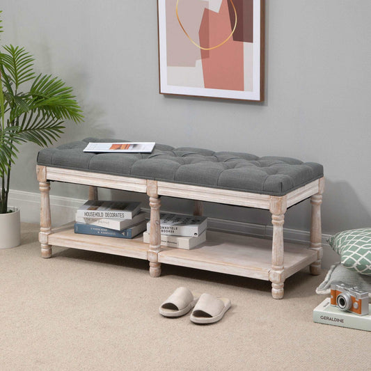 2 Tier Shoe Rack Bench with Button Tufted Upholstered Cushion, Vintage Bed End Bench, Wooden Window Seat for Hallway, Living Room, Bedroom-Grey
