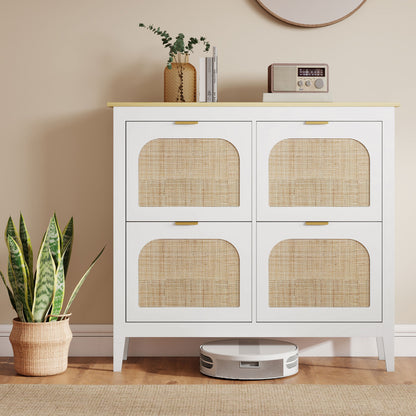 Slim Boho Shoe Cabinet | 4 Flip Drawers | Rattan Doors | Oak-Effect Top | 20 Pairs Up to UK Size 7 | Anti-Tip | 105x24x95.5cm | 50kg | White