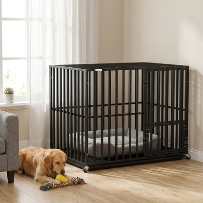 Heavy Duty Dog Crate with Wheels | 3-Door Access | Removable Tray | Top Playpen Opening | Extra Large Dogs up to 40kg | 107 x 69 x 81cm | Black