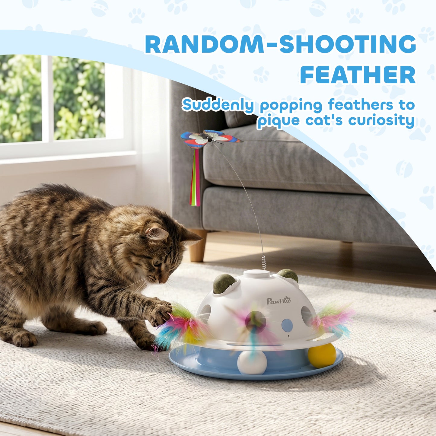 4-in-1 Interactive Cat Toy | Spinning Butterfly | Shooting Feathers | Catnip Balls | Auto Standby | USB & Battery