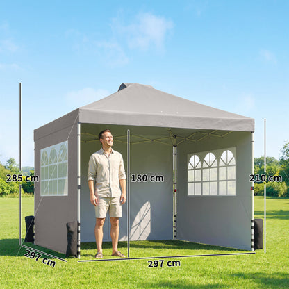 3x3m Pop-Up Canopy Gazebo | UPF50+ Waterproof 210D Oxford Fabric | 3 Detachable Sidewalls | 2 Church Windows | 2 Top Vents & 8 Drainage Holes | 3-Height Steel Frame to 285cm | 4 Guy Ropes & 12 Stakes | Wheeled Carry Bag | Grey