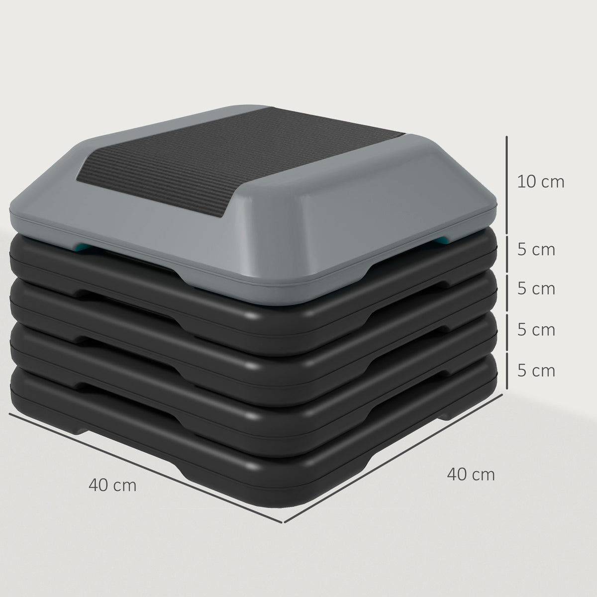 5-Level Height Adjustable Aerobic Step Platform | 10 to 30cm | Non-Slip Surface & Base | 40x40cm Platform | 150kg Capacity | PE Construction | Lightweight & Compact | Grey | For Home Gym Cardio Workouts