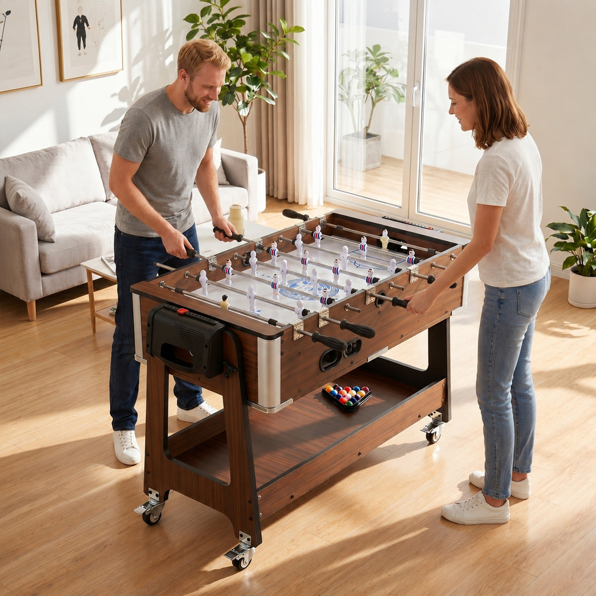 3 in 1 Multi Game Table | Pool | Air Hockey | Football | 3.4ft | Lockable Wheels | Storage Shelf | Walnut Effect