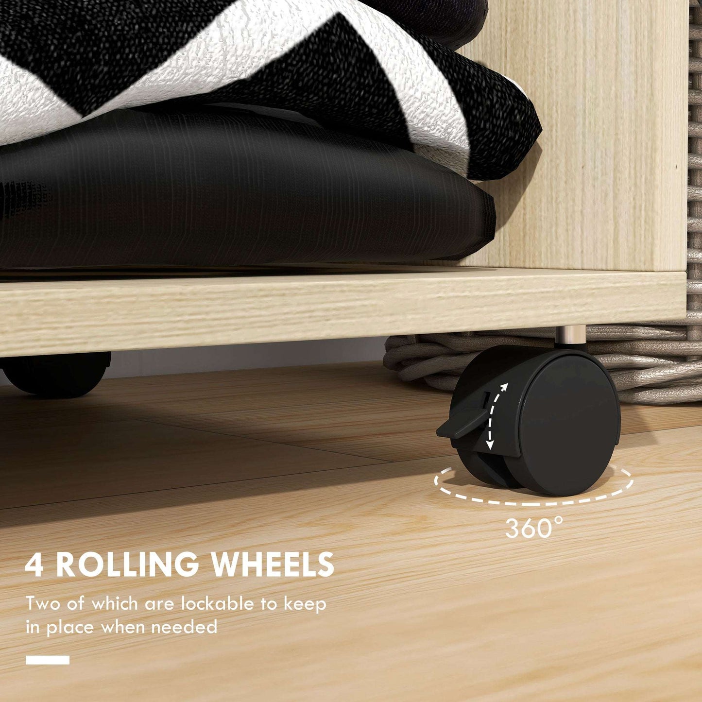 Open Wardrobe on Wheels | Clothes Hanging Rail | 2 Open Shelves | 4 Wheels 2 Lockable | 128x60x40cm | 25kg | Natural Wood Effect