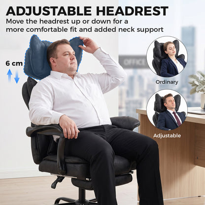 Executive Office Chair | Leathaire | 13cm Spring-Core Seat | 135° Recline & Pull-Out Footrest | Linkage Armrests | Lumbar Pillow | Adjustable Headrest | Fire-Retardant | 180kg | Up to 190cm | Black / Grey