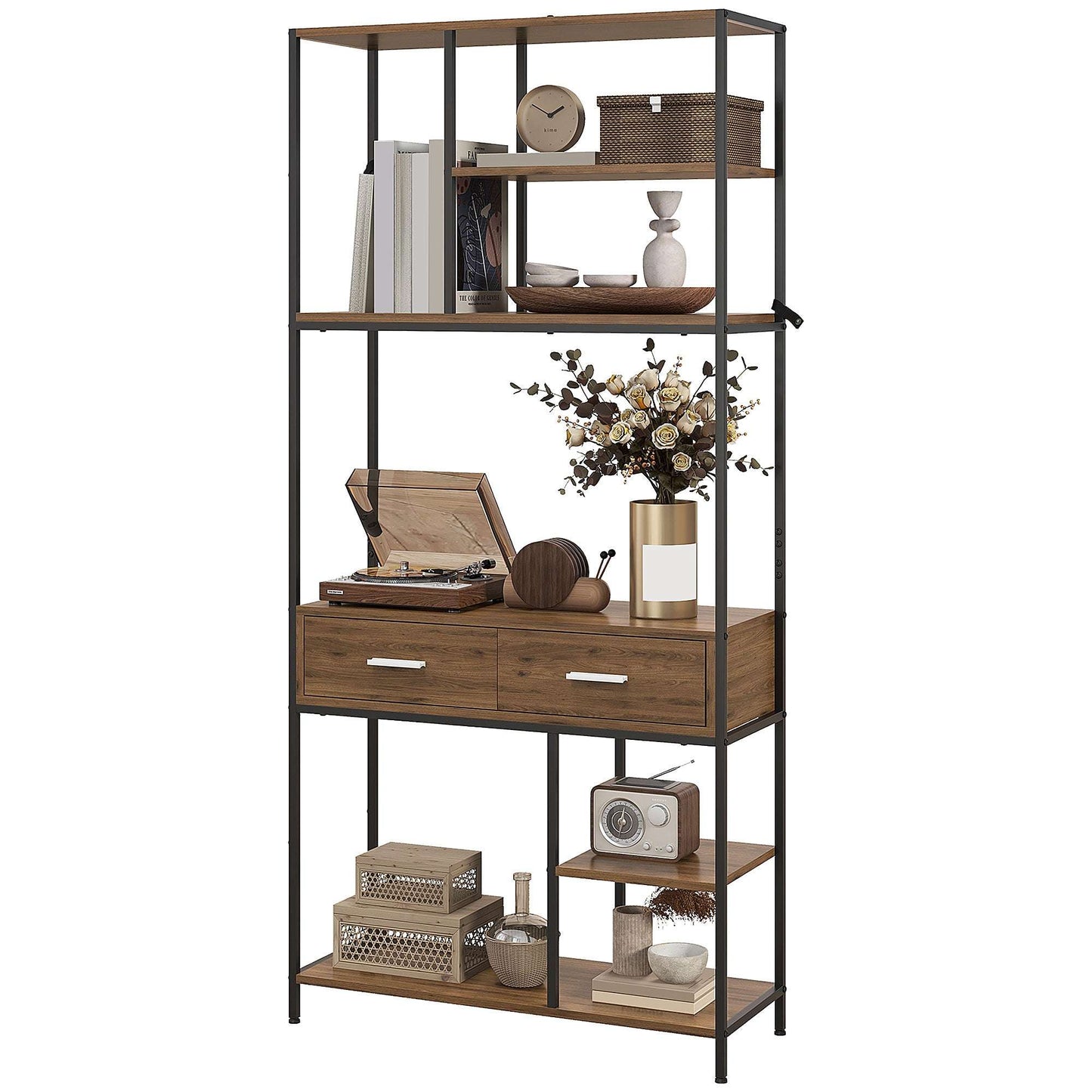 Retro Style  Seven-Shelf Industrial Display Shelf, with Drawers - Brown/Black