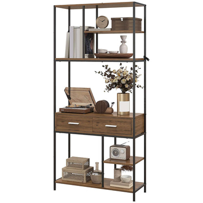 Retro Style  Seven-Shelf Industrial Display Shelf, with Drawers - Brown/Black