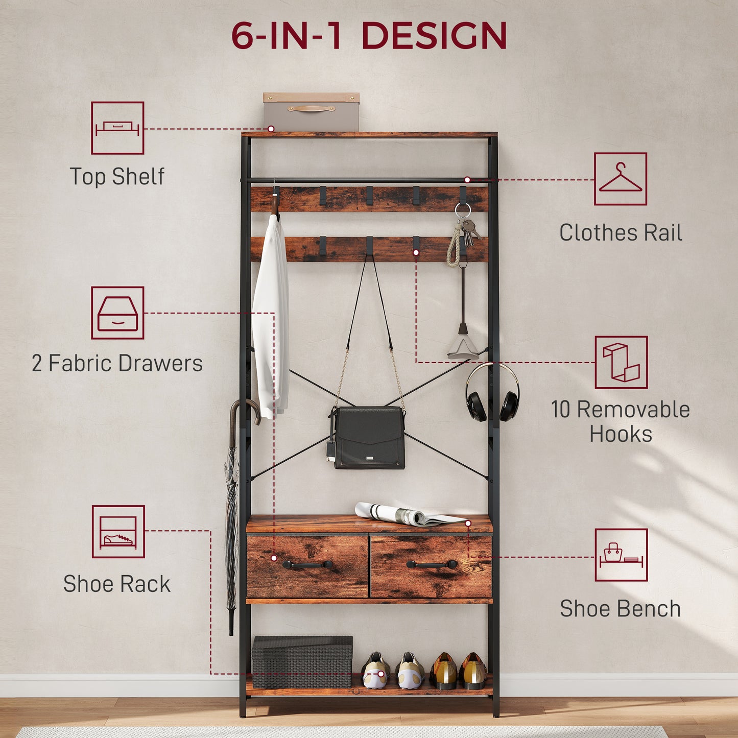 6-in-1 Industrial-Style Hallway Organiser - Brown/Black