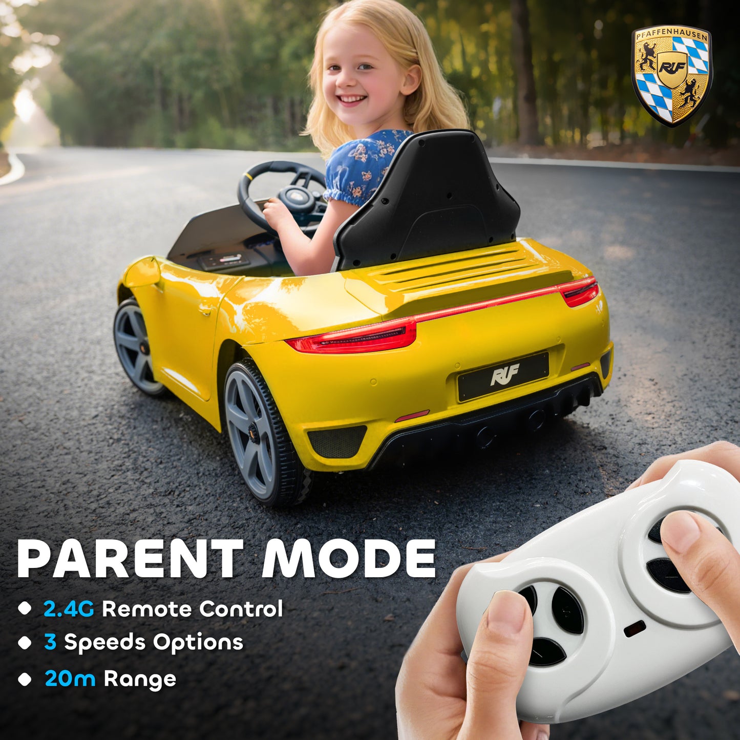 AIYAPLAY Kids Electric Car, 12V Licensed RUF GT Ride on Car with Suspension, Remote Control, Music for 3-5 Years