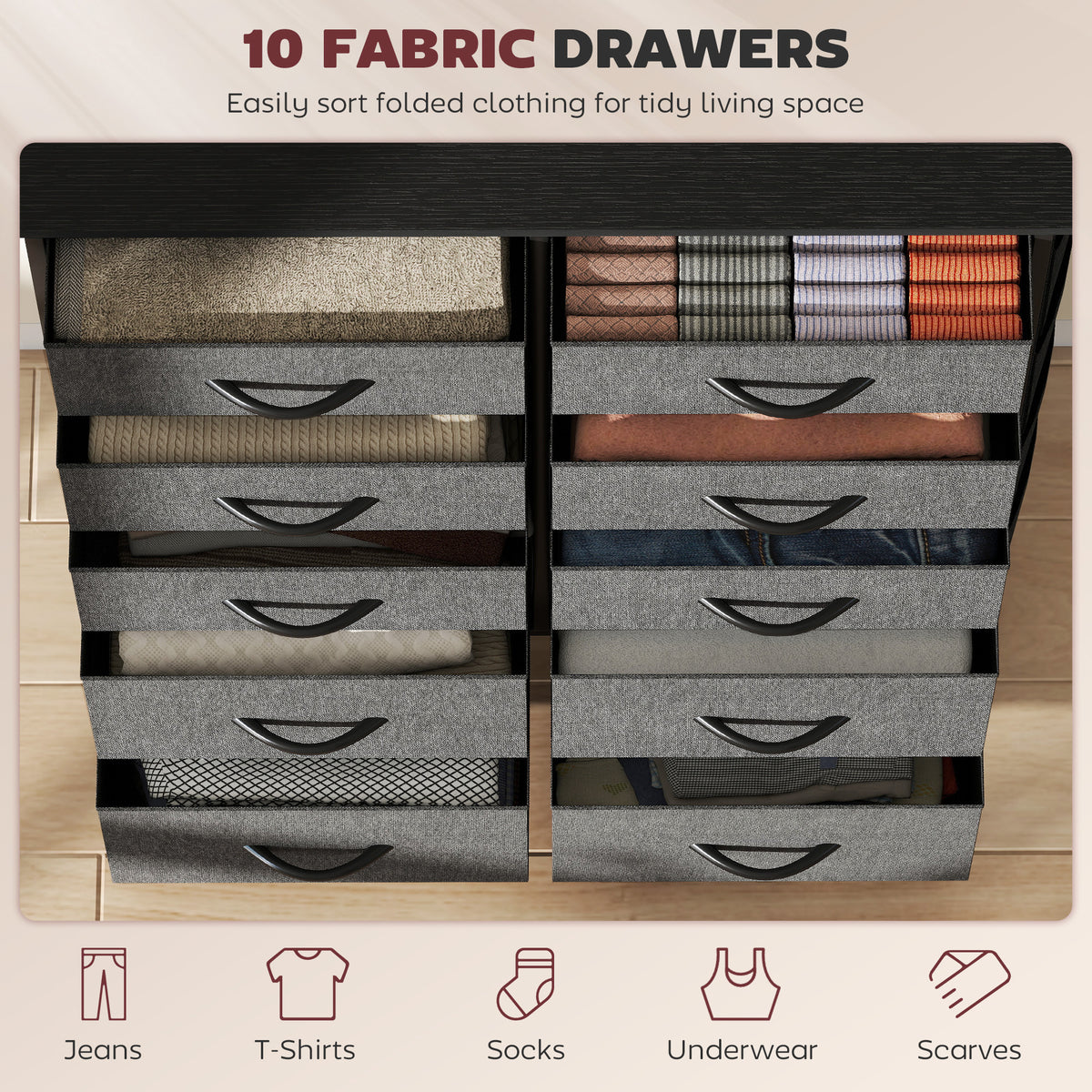 Chest of 10 Fabric Drawers | Grey & Black | Non-Woven Fabric Steel Particle Board | 80x30x94.5cm | 4 Side Pockets | 2 Hooks | X-Bar Frame | Adjustable Feet | Anti-Tip | 35kg