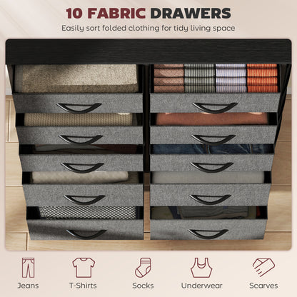 Chest of 10 Fabric Drawers | Grey & Black | Non-Woven Fabric Steel Particle Board | 80x30x94.5cm | 4 Side Pockets | 2 Hooks | X-Bar Frame | Adjustable Feet | Anti-Tip | 35kg