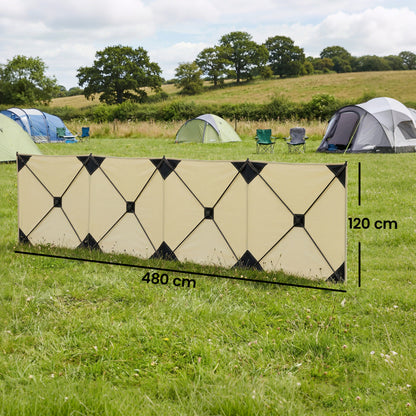 Outsunny Camping Windbreak 480 x 120cm – 4-Panel Pop-Up Wind Blocker, Level 6 Wind Resistance, PU-Coated Oxford Fabric, 3-Min Setup, 12 Stakes & 7 Guy Ropes – Khaki