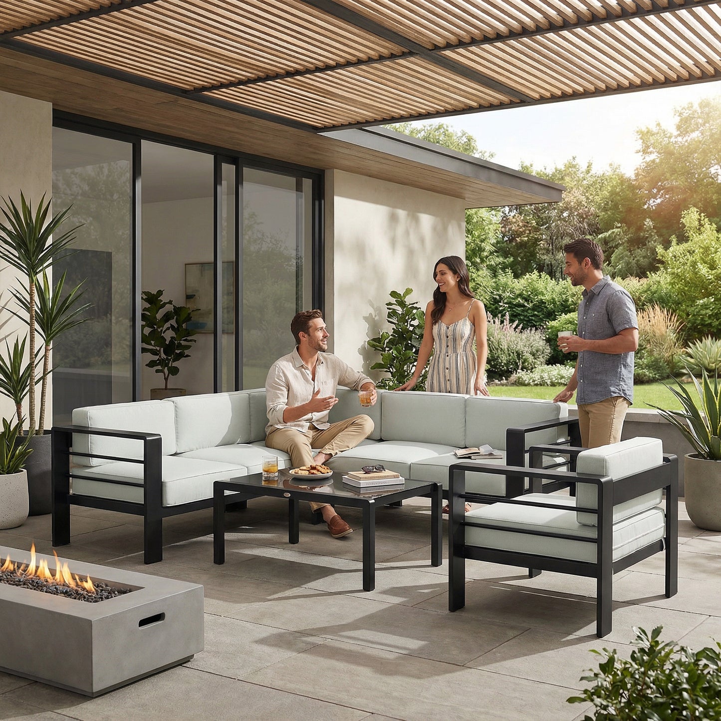 5-Piece 6-Seater Aluminium Garden Corner Sofa Set | Modular Layout | 13cm Cushions | Tempered Glass Table | 260kg | Light Grey