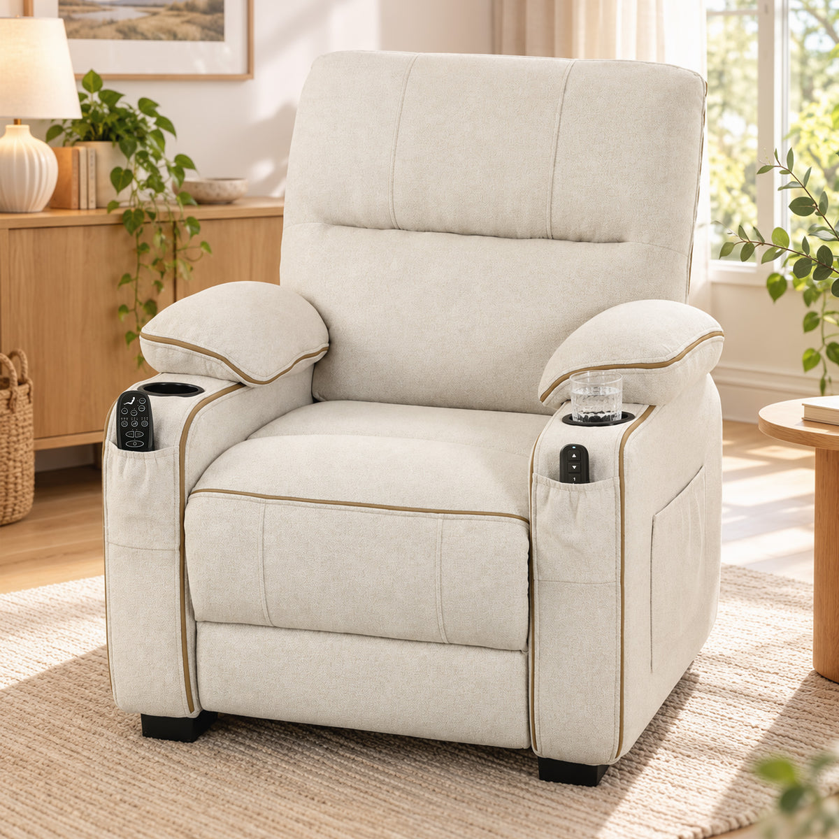 Electric Massage Recliner Armchair | 8-Point Vibration & Lumbar Heat | 150° Recline, 2 Memory Positions, USB & Cup Holders | Beige